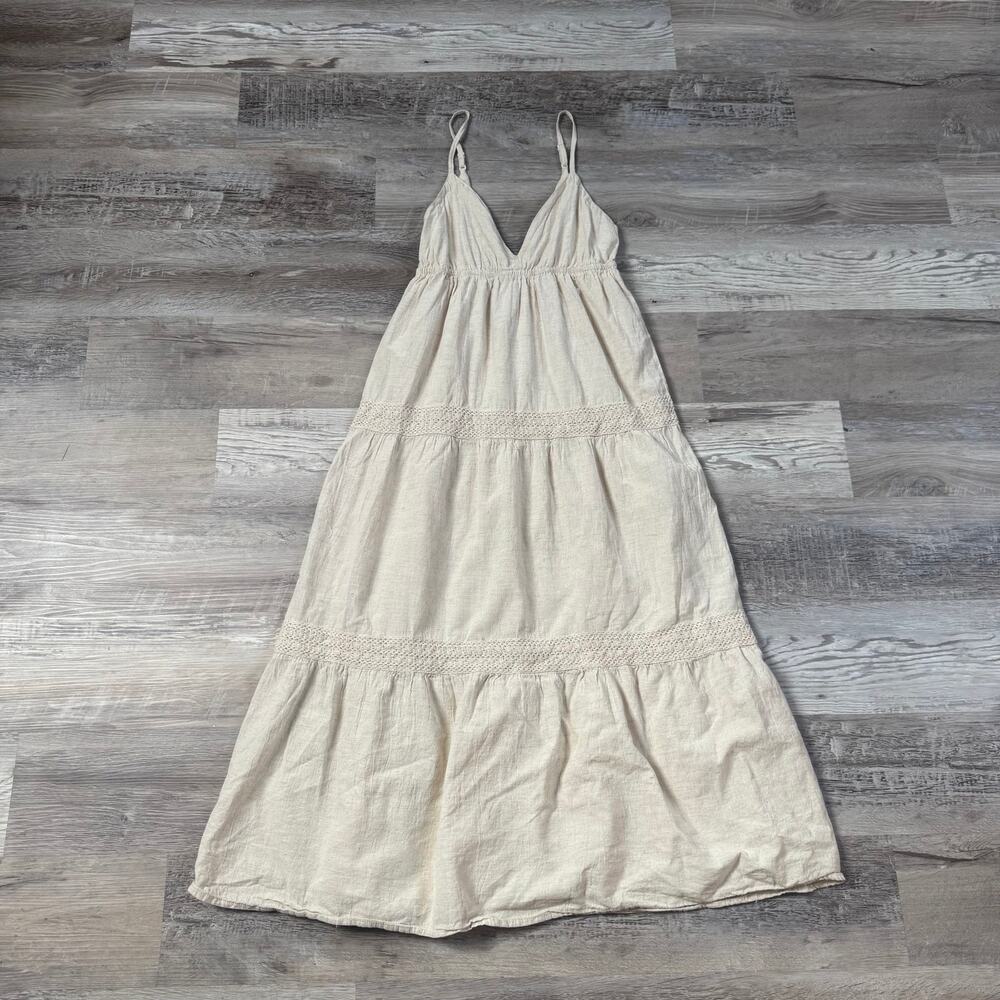 SIM & SAM Cream Linen Maxi Dress Boho Tiered Slip Fairycore Small